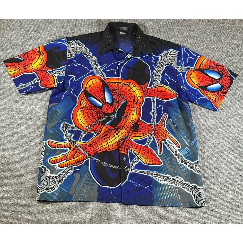 Vintage Spider-Man Button Down Shirt Mens L 2001 Marvel Changes Spiderman AOP